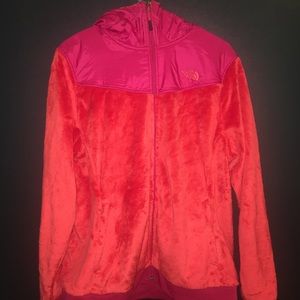 Pink and Red Zip Up North Face Jacket with Hood